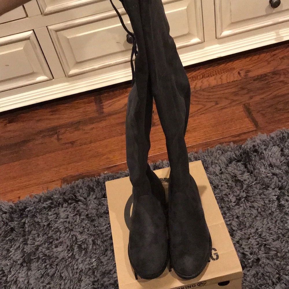 Grey thigh high boots